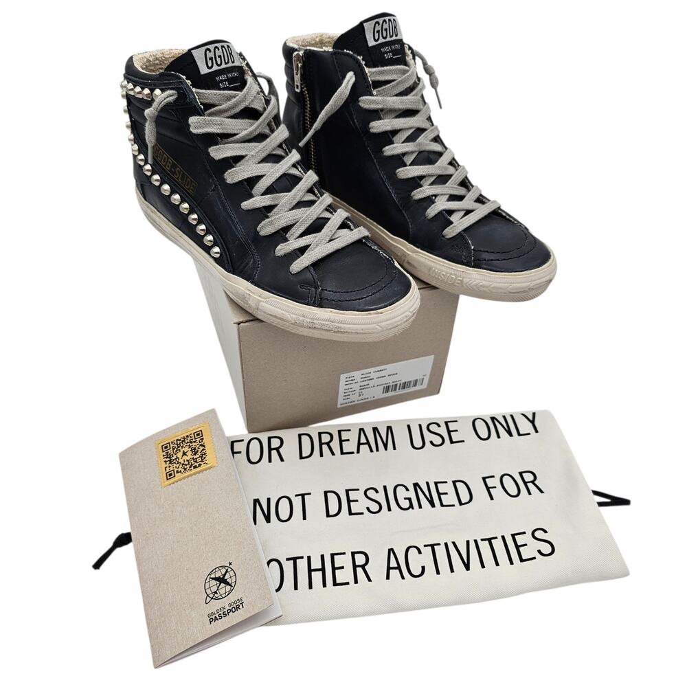 Golden Goose Slide Studded High Top Zip Up Sneaker Black Leather Size 37 US 7 - Picture 9 of 11